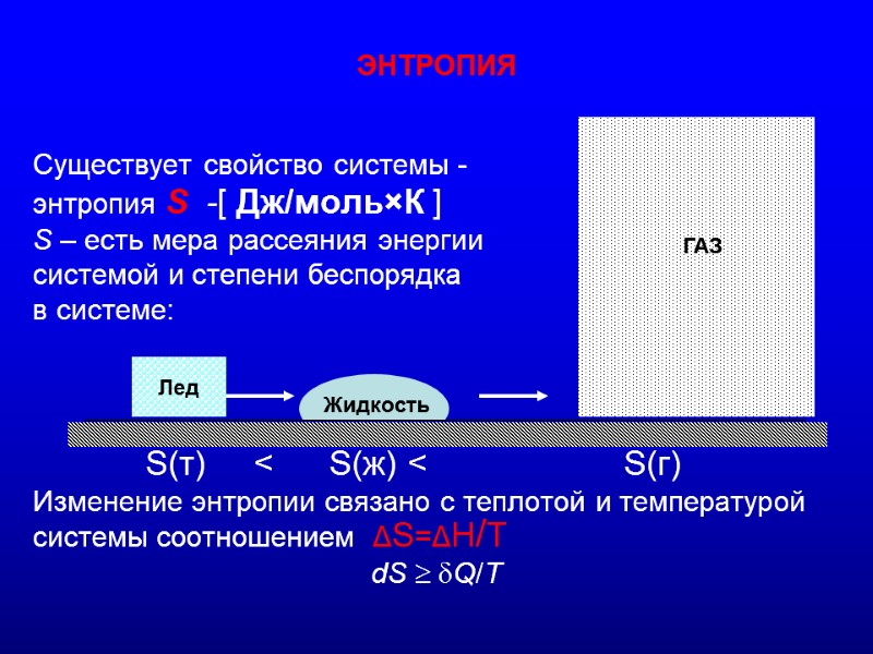 ЭНТРОПИЯ  Существует свойство системы -   энтропия S  -[ Дж/моль×К ]